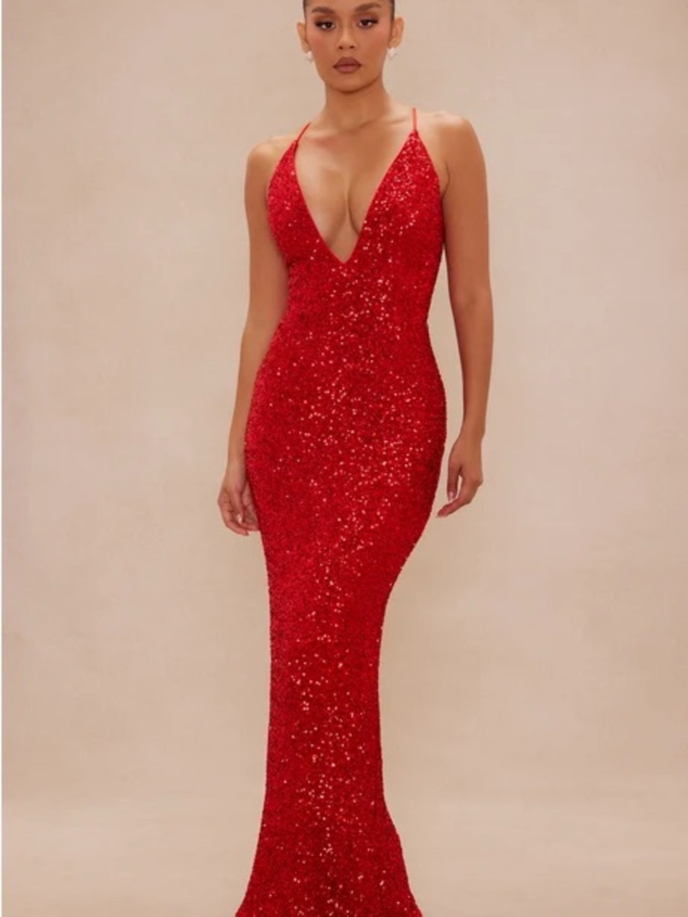 Red Sequin V-Neck Evening Gown